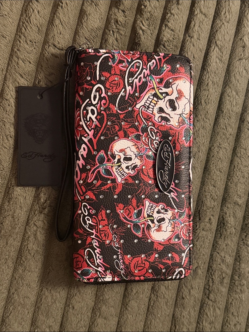 Ed Hardy Rhinestone Black & Red Skull Rose Wristlet Wallet